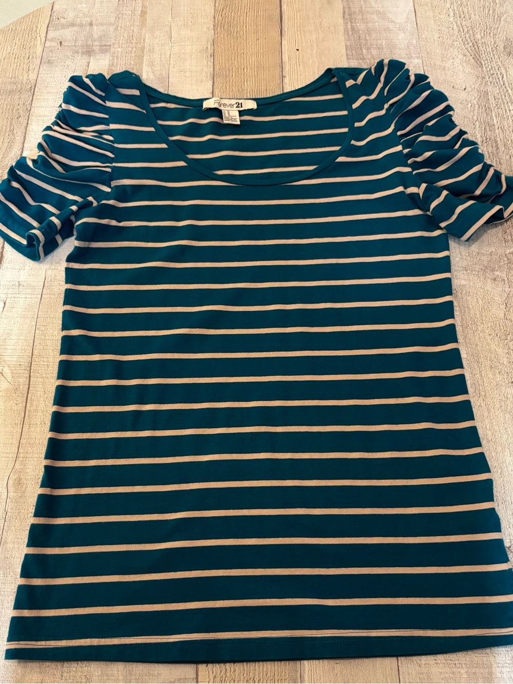 Forever 21 Teal & Beige Striped Puff Sleeve Top